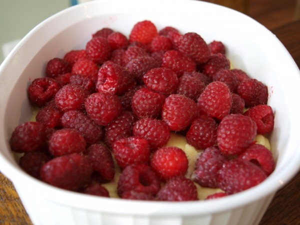 raspberry buckle ready for the oven