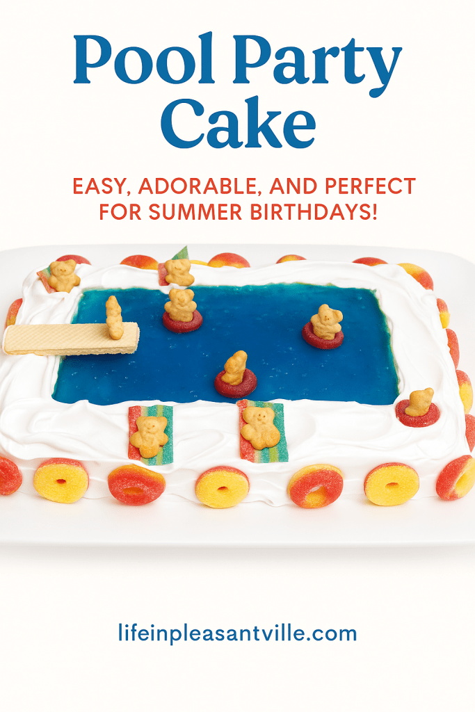 Pool party cake recipe with blue jello and Teddy Grahams