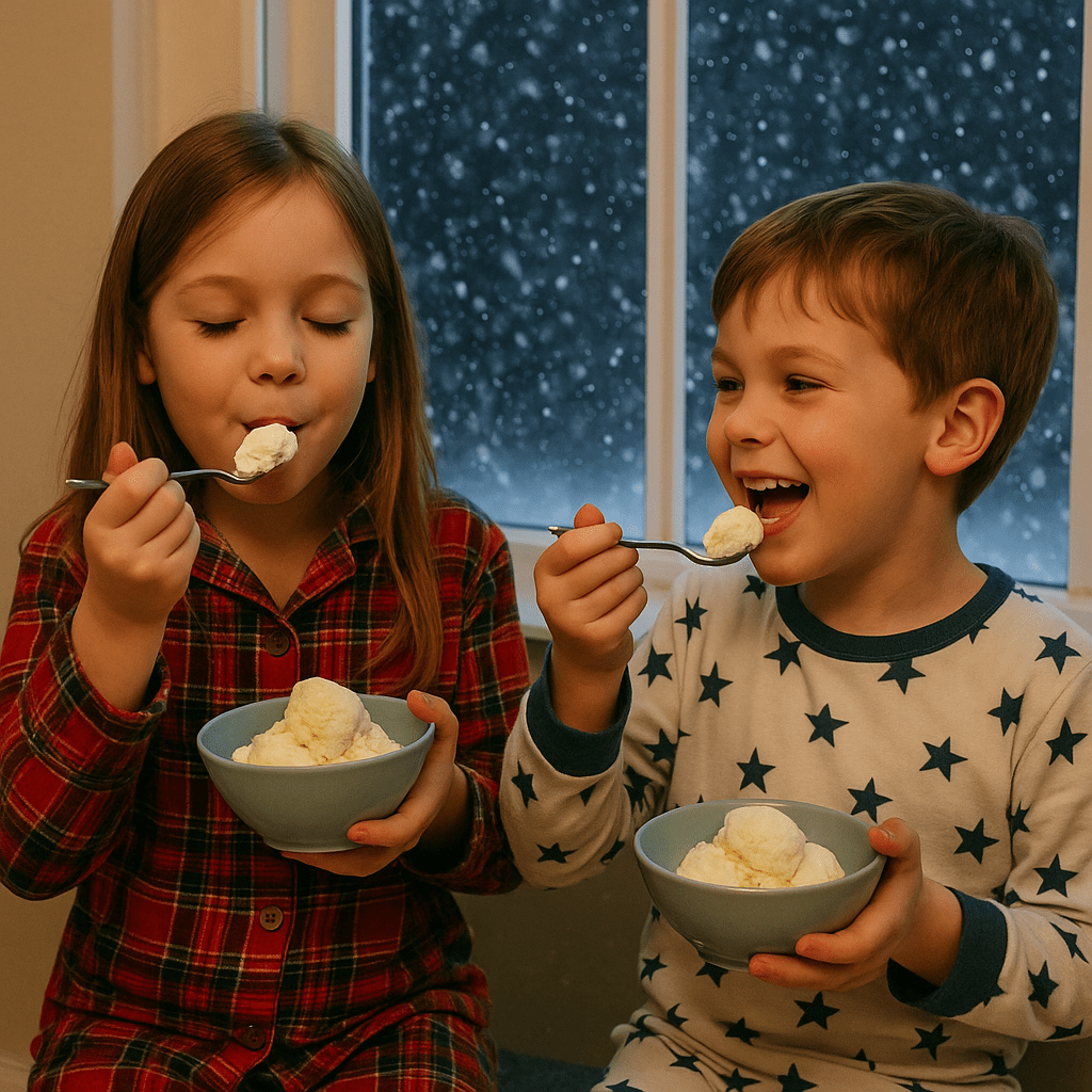 Kids eating ice cream hoping that more snow will come.