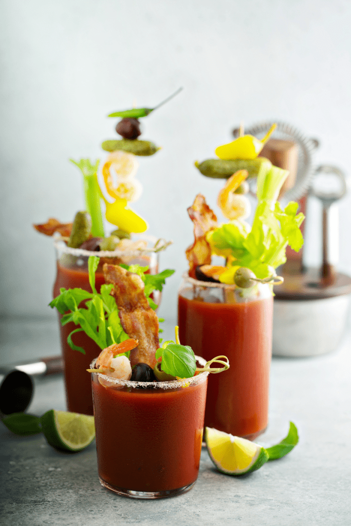 Bacon vodka Caesar cocktail with spicy garnish