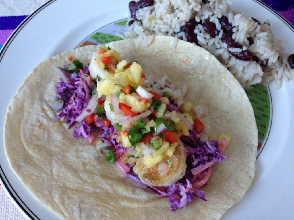 Jamaican Rice and Peas, shrimp tacos