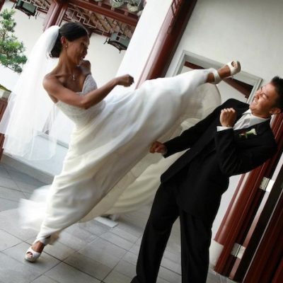 Bride kicking groom