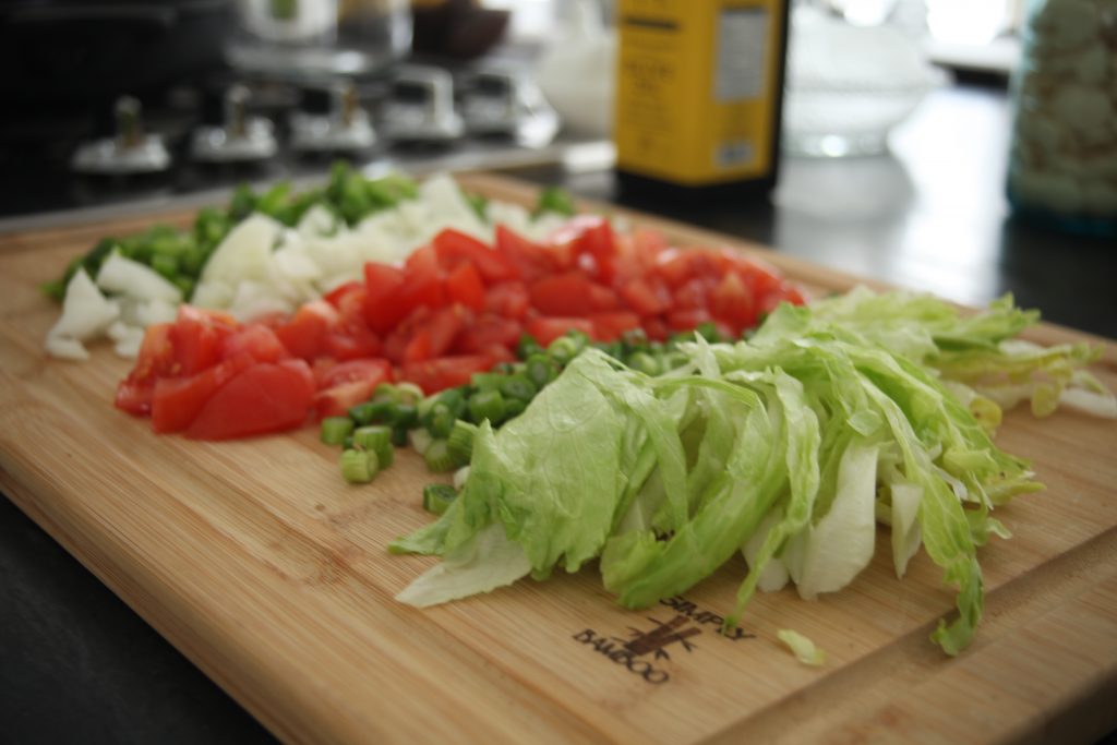 Classic Weeknight Tacos, tomatoes, onions, green peppers, lettuce