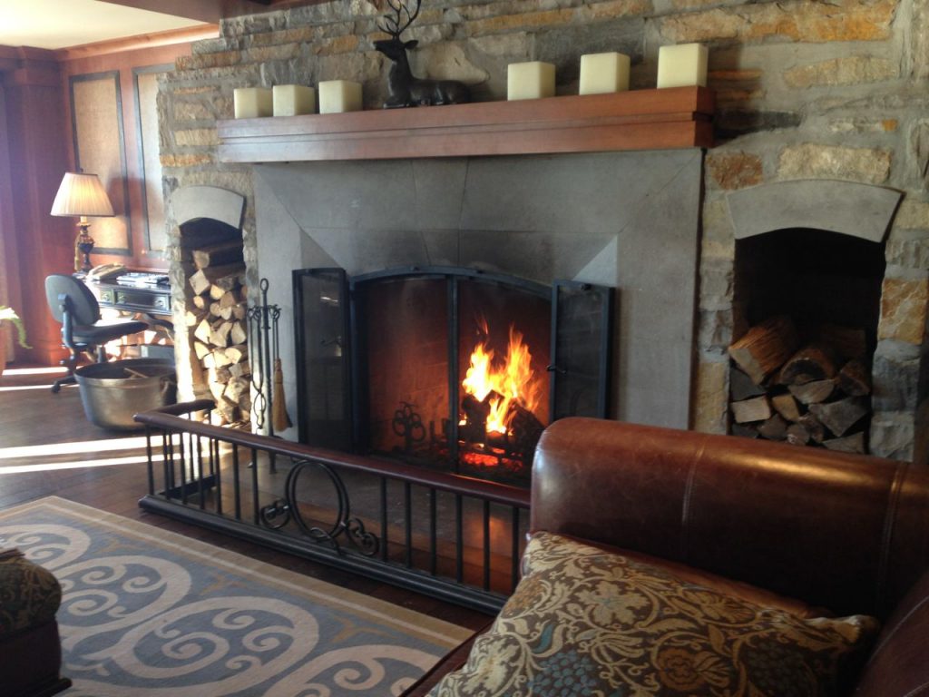 Time is a luxury, fireplace in lobby of Quintessence, Mont Tremblant