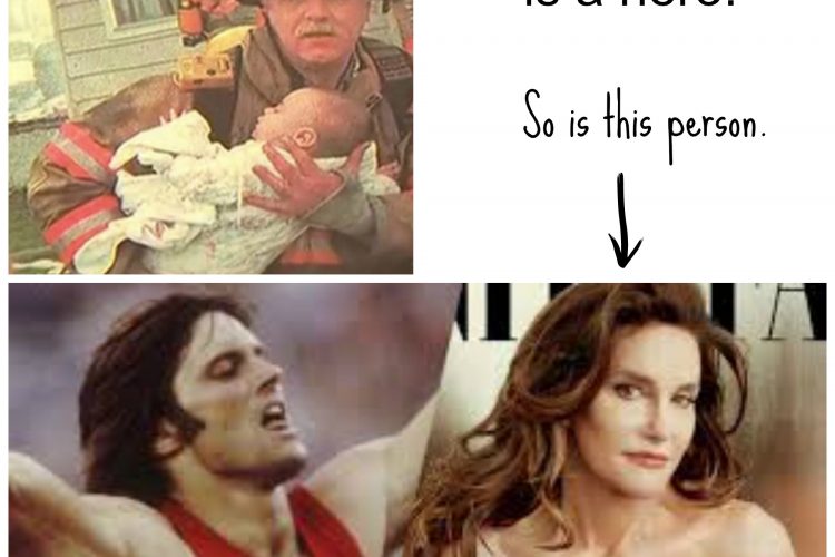 Firefighter with a baby and Bruce Jenner and Caitlyn Jenner