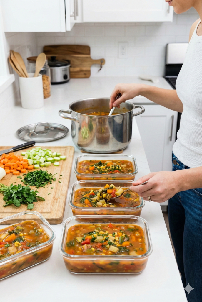 Vertical photo of a person ladling vegetable soup into glass storage containers for batch cooking, a key strategy among meal prep holiday tips.