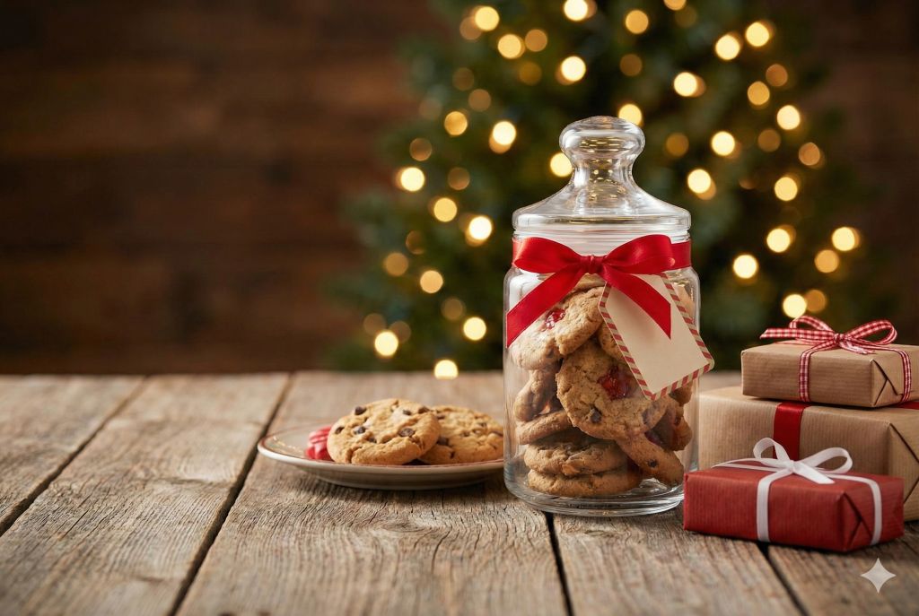 A glass jar filled with homemade cookies and tied with a red ribbon next to wrapped presents on a wooden table, illustrating affordable DIY gifting holiday tips.