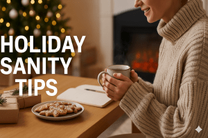 A woman in a cozy turtleneck sweater holds a warm mug beside a notebook, with gingerbread cookies, wrapped gifts, and a Christmas tree in the background. Bold text on the left reads “Holiday Sanity Tips.”
