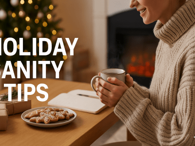 A woman in a cozy turtleneck sweater holds a warm mug beside a notebook, with gingerbread cookies, wrapped gifts, and a Christmas tree in the background. Bold text on the left reads “Holiday Sanity Tips.”
