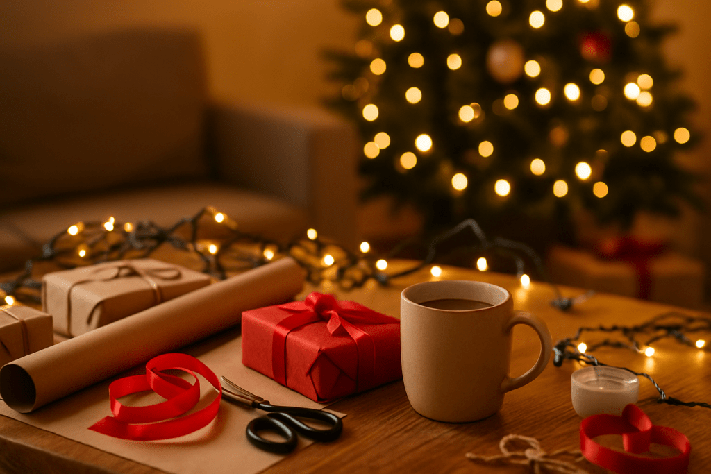 Presents being wrapped beside a Christmas tree, with a cup of coffee ready beside it