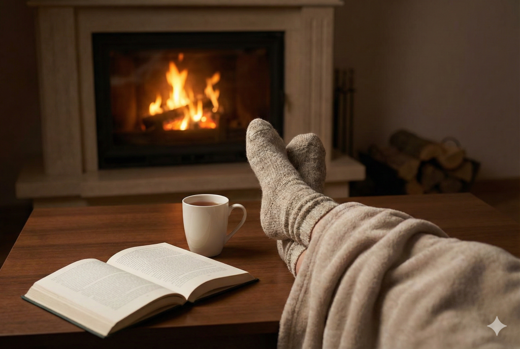 Cozy scene of feet in wool socks resting on a coffee table with a book and mug of tea in front of a lit fireplace, emphasizing stress-reducing self-care holiday tips.