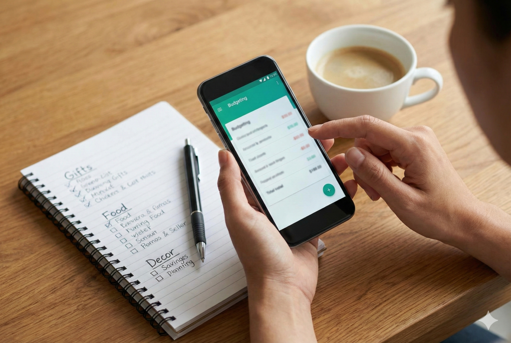 Close-up of hands using a budgeting app on a smartphone next to a handwritten list and a cup of coffee, demonstrating organizational and financial planning holiday tips.