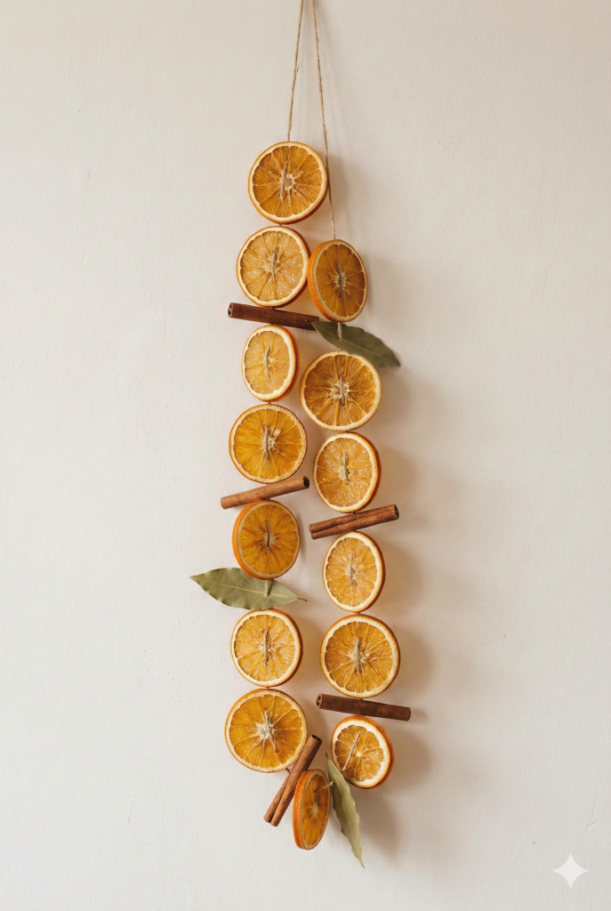 ertical shot of a handmade dried orange slice and cinnamon stick garland hanging on a wall, representing sustainable and natural decor holiday tips.