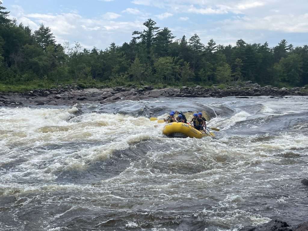 A crew paddling an OWL raft through churning white water rapids on the Ottawa River, forested shoreline behind
