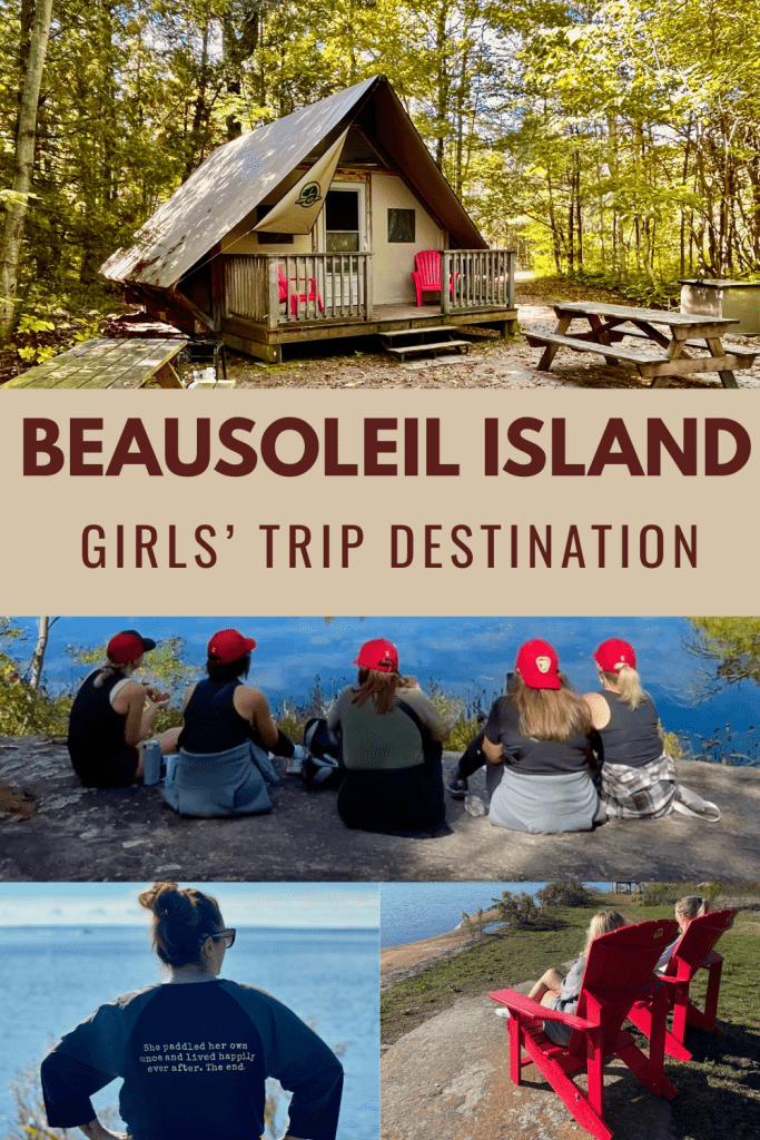 A collage-style pin showing a Parks Canada oTENTik cabin, a group of women in red hats sitting by a lake, and two women in red Muskoka chairs overlooking Georgian Bay.
