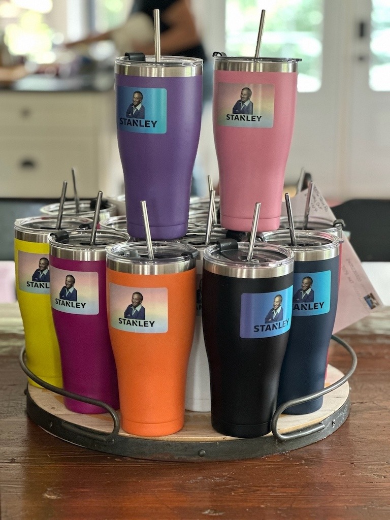 Custom made "Stanley" cups for party favours. Mrs. Roper Party Ideas