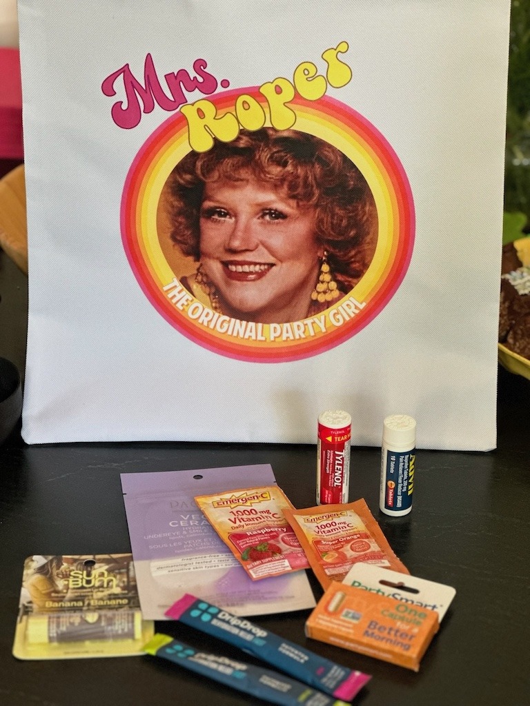 Mrs. Roper Party Ideas - hangover kit and tote bag