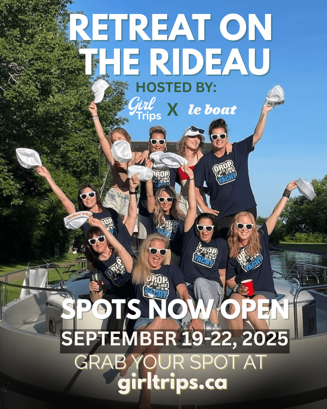 Group of women on a boat during a Girl Trips retreat on the Rideau Canal