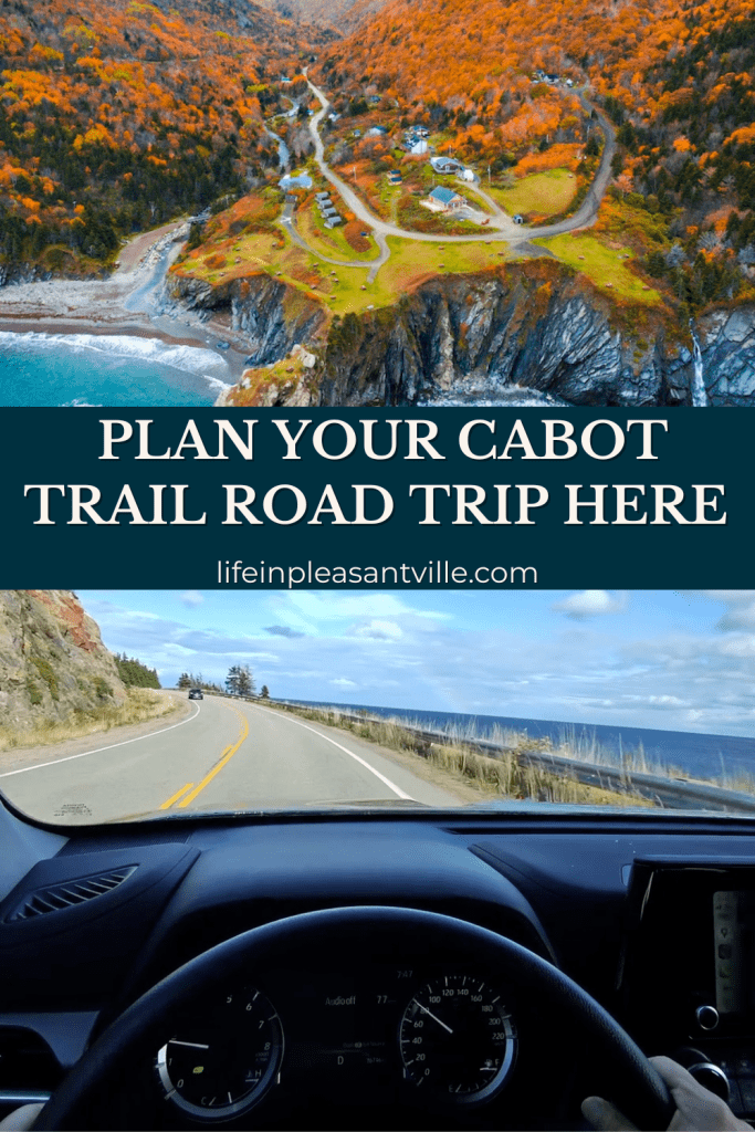 Cabot Trail road trip pin with fall foliage, steering wheel shot, and road trip tips for Nova Scotia’s most scenic drive.