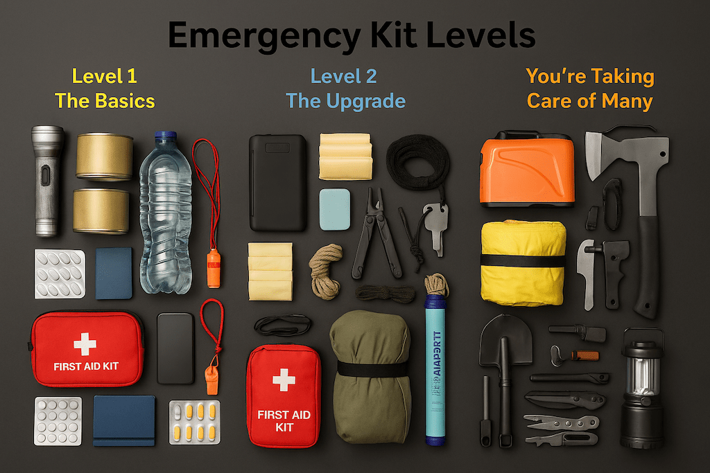 Flat lay of emergency kit Canada items on table