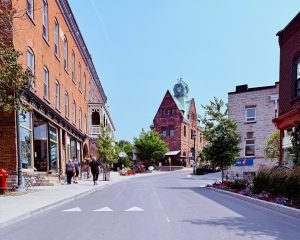 Historic Mill Street in Almonte, Ontario with the Old Post Office clock tower in the background.