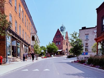 Historic Mill Street in Almonte, Ontario with the Old Post Office clock tower in the background.