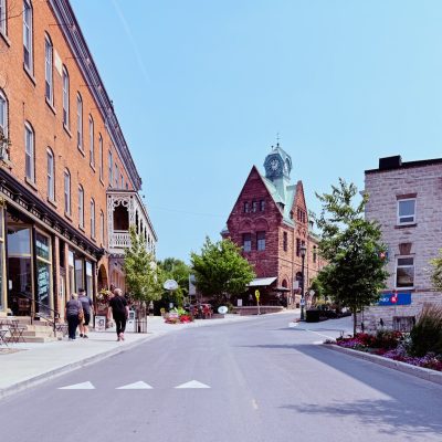 Historic Mill Street in Almonte, Ontario with the Old Post Office clock tower in the background.