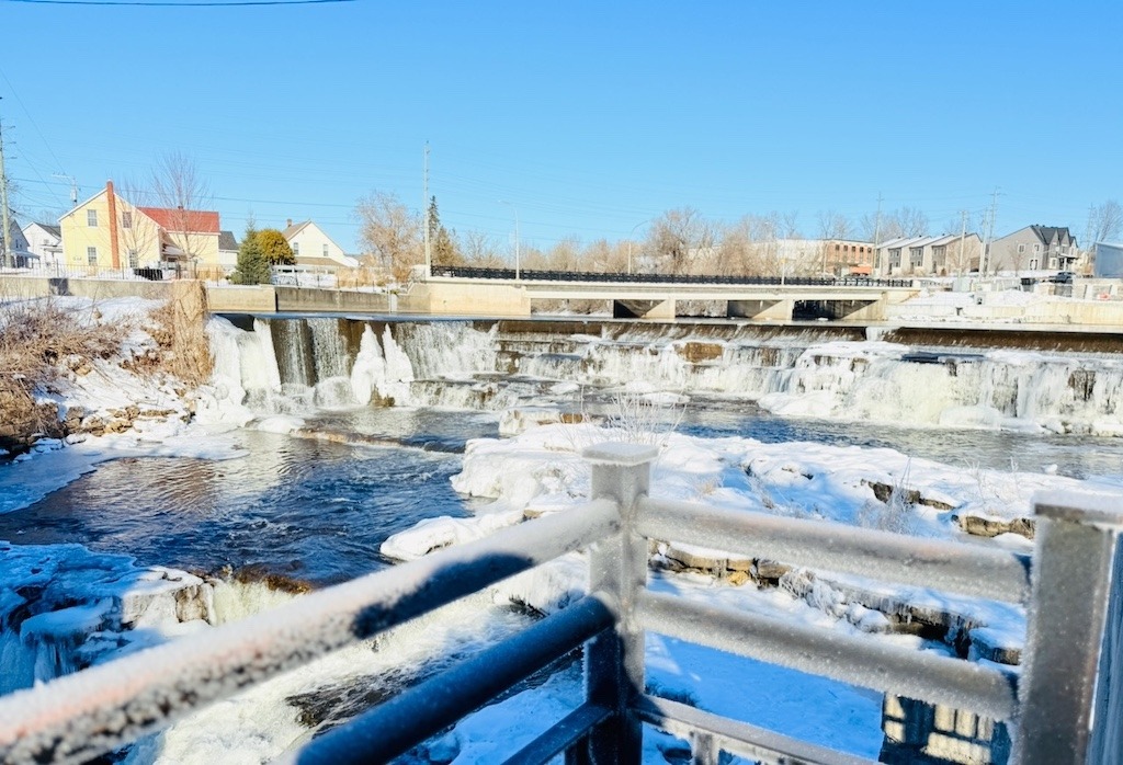 Winter view of Almonte waterfalls from the lookout platform.