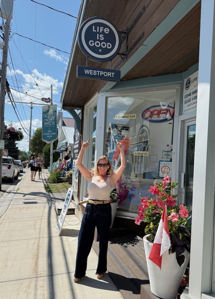 Westport Ontario things to do: snap a photo on the big Muskoka chair beside Life is Good.