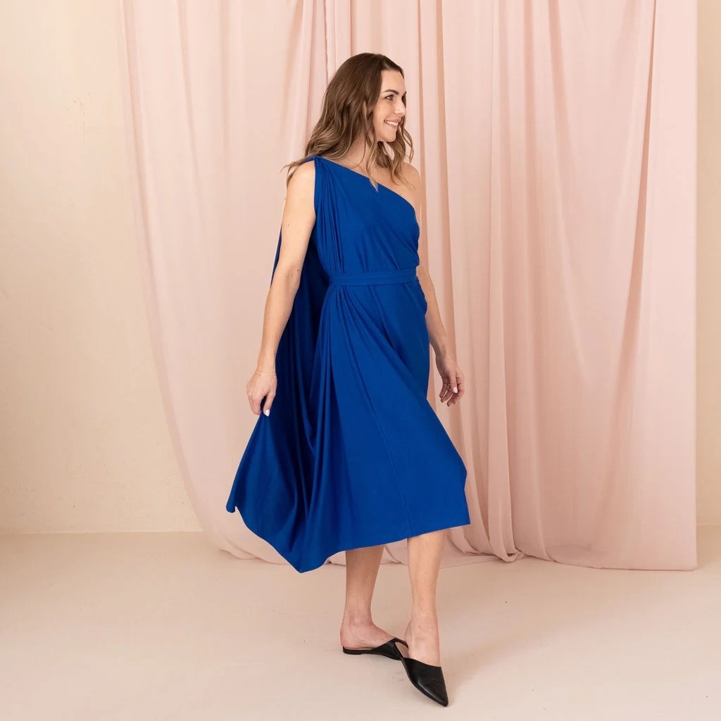 Woman wearing Encircled Chrysalis Cardi in royal blue