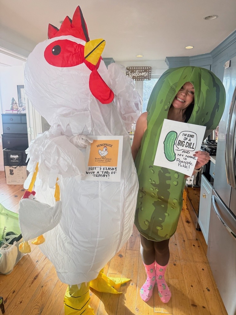 Friends in humorous chicken and pickle costumes for a girls weekend