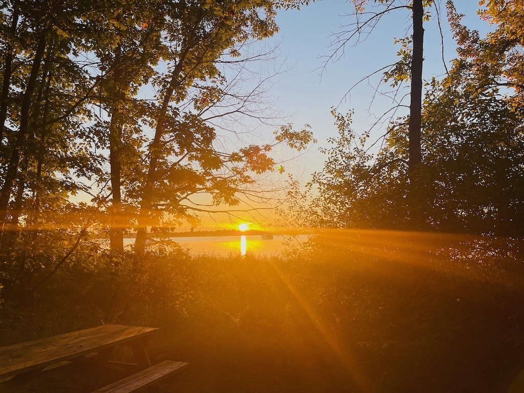 A golden sunset over a Canadian lake seen through the trees, the kind of moment you only catch when you put the phone down and look up