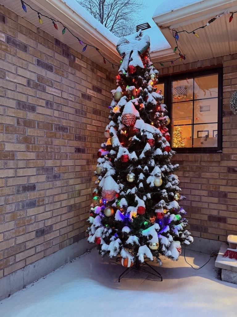 myths about thrifting, used is better for the environment. Snow-covered outdoor Christmas tree decorated with colourful lights and ornaments against a brick house at dusk, all decorations sourced from thrift stores