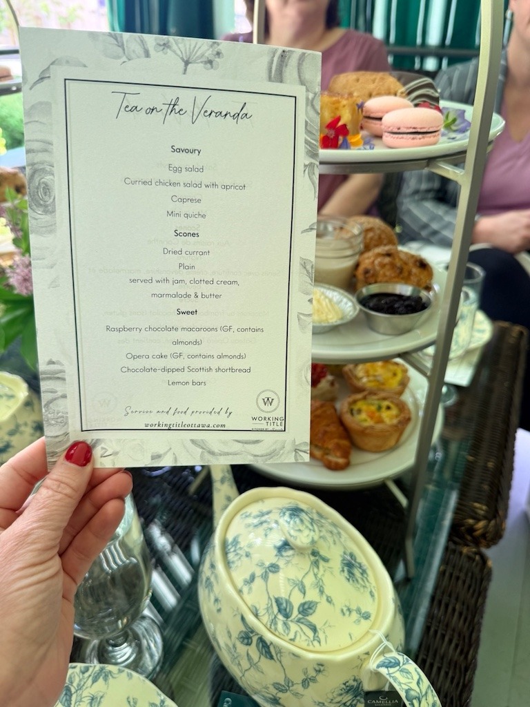 Tea on the Veranda menu at Laurier House Ottawa with three tiered tray in background
