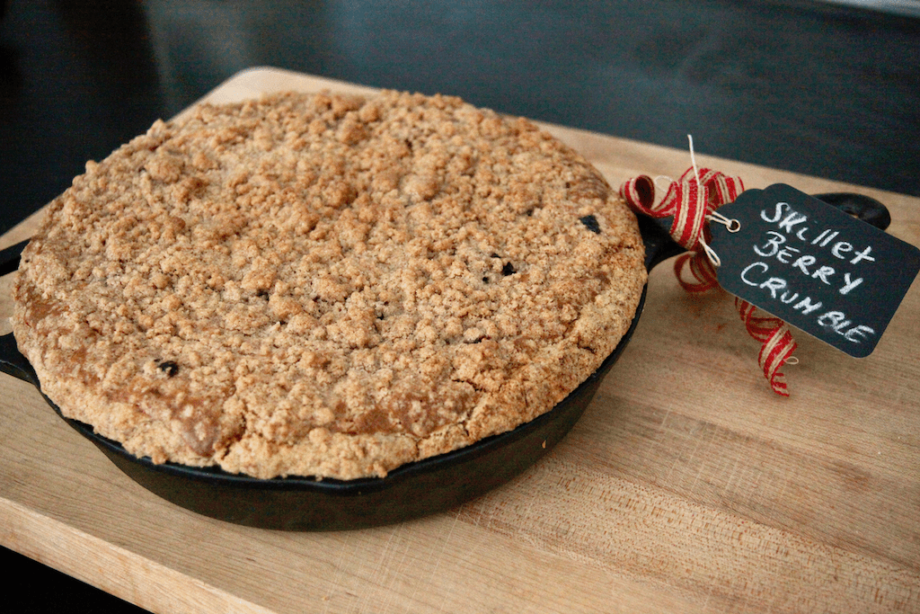 Skillet berry crumble in a cast iron pan
